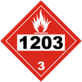 This figure shows three images of red diamond-shaped placards for three different types of hazardous cargoes. 1 of 3: "1203"